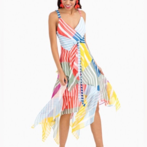 Tanya Taylor Goldie Striped Colorblock Patchwork V-Neck Handkerchief Midi Dress - Picture 2 of 14